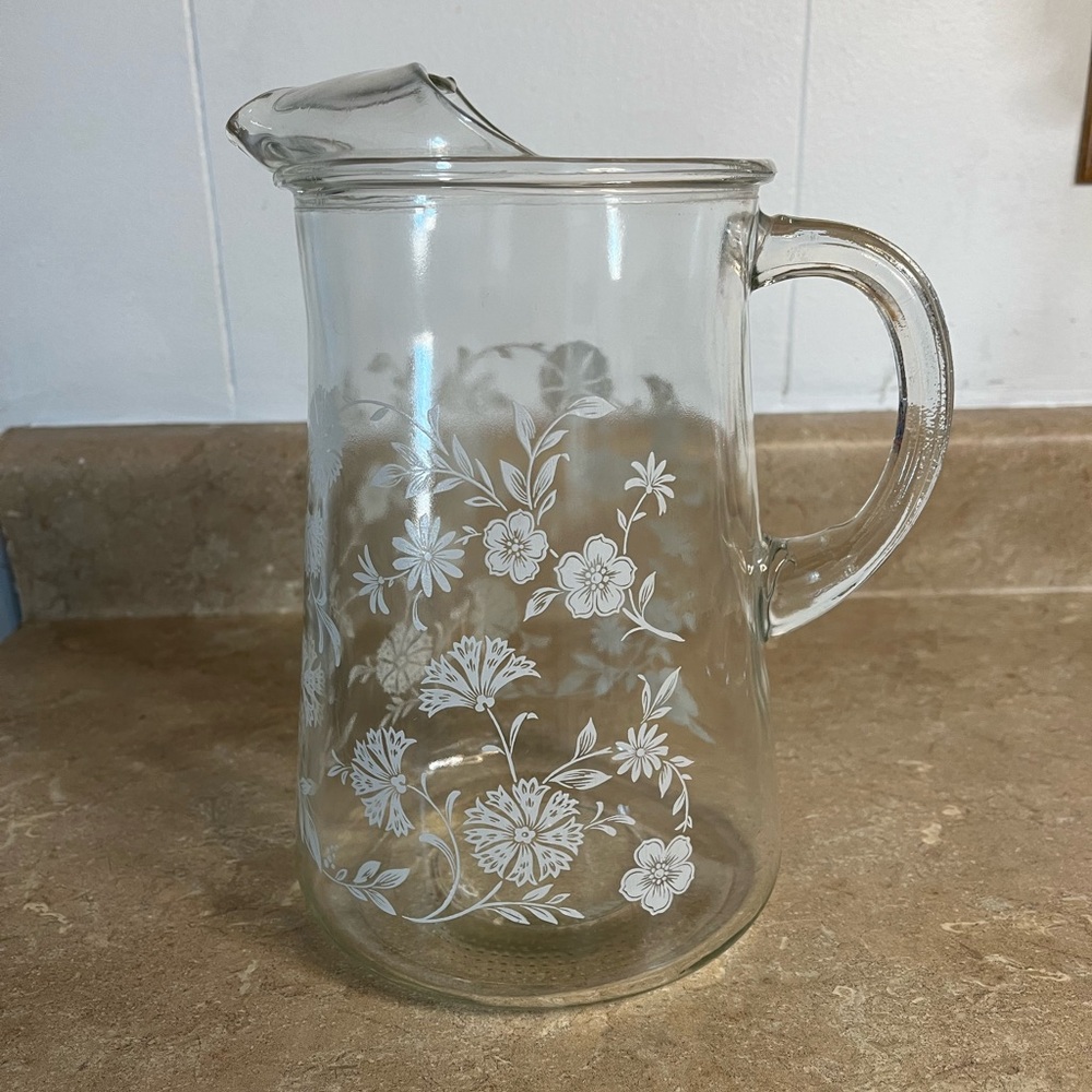 Vintage Clear Glass Pitcher with White Floral Etching